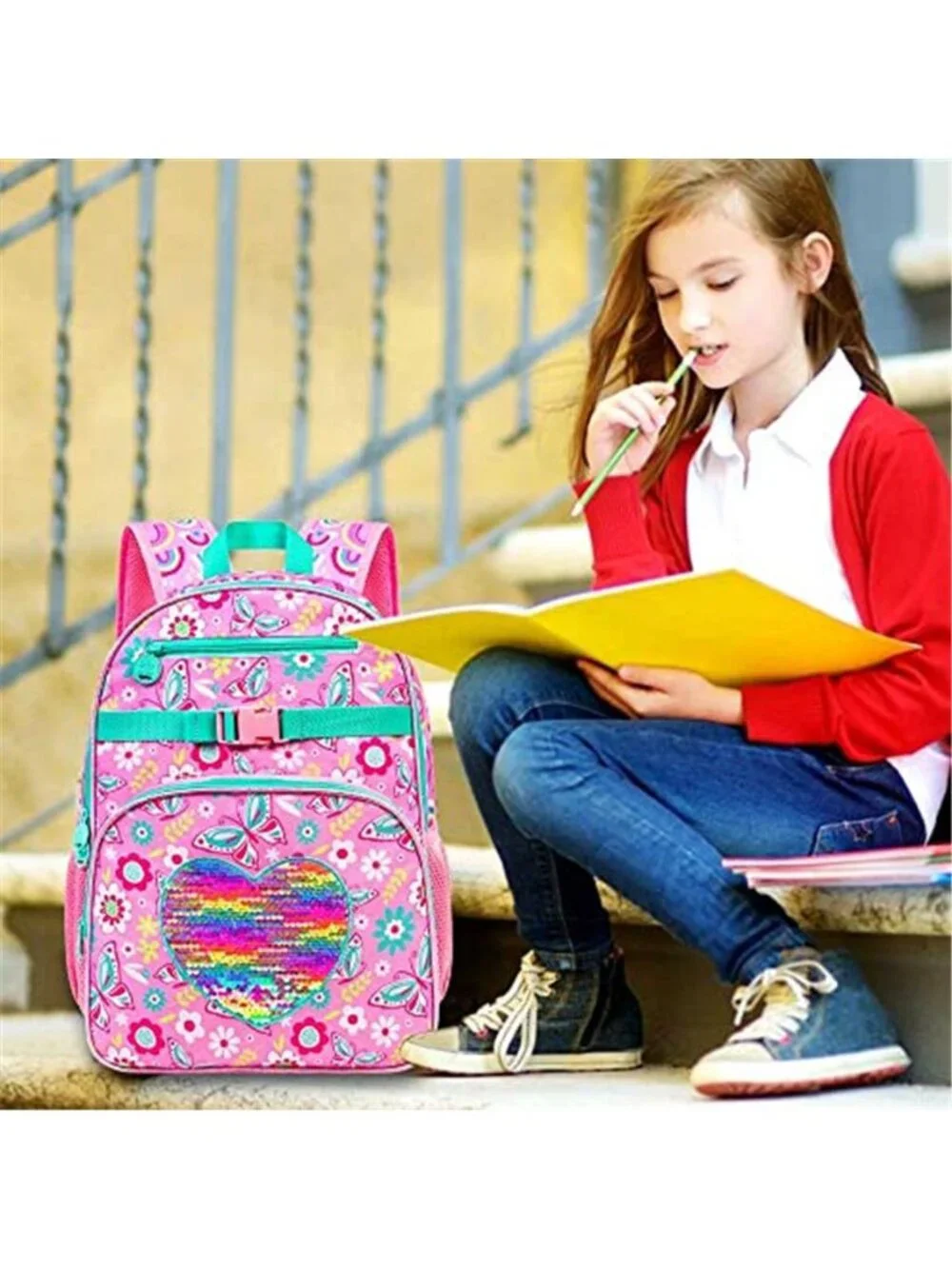 3PCS Girls Backpack Sequins Butterfly Bookbag with Lunch Box, 16